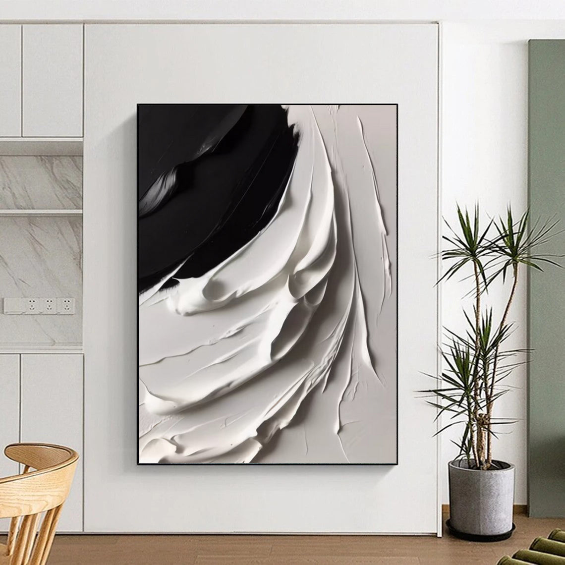 “Curved Black - White Layers” - Abstract Impasto Painting On Canvas DKH1670