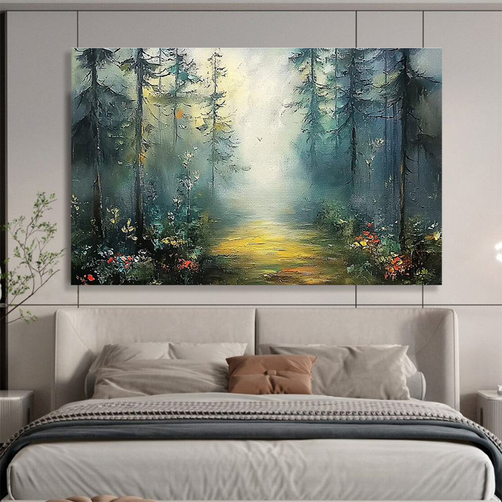 Misty Forest Path - Green & Yellow Landscape Painting On Canvas DKH871