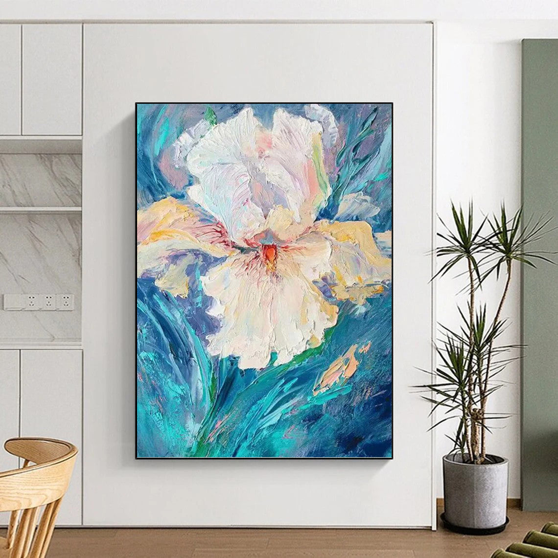 “Textured White Flower on Blue” - White, Pink & Blue Impasto Floral Painting On Canvas DKH0942