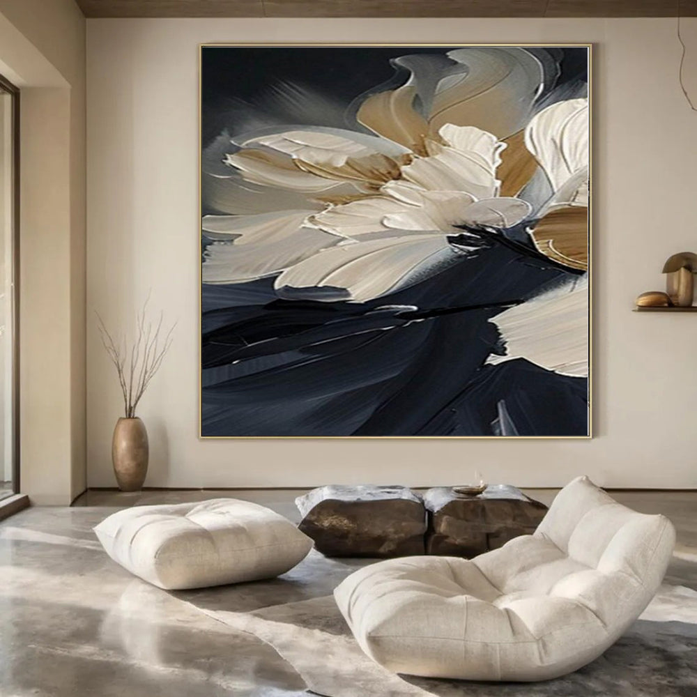 “Textured Beige - White Floral on Black” – Impasto Floral Painting CT1091