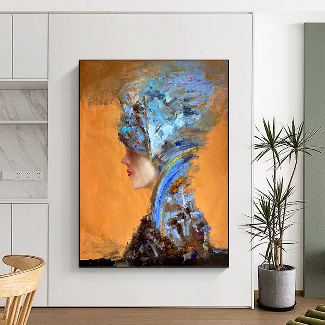 “Orange, Blue, Brown Textured Portrait ‘Eccentric Elegance’” - Impasto Figurative Painting On Canvas DTP348