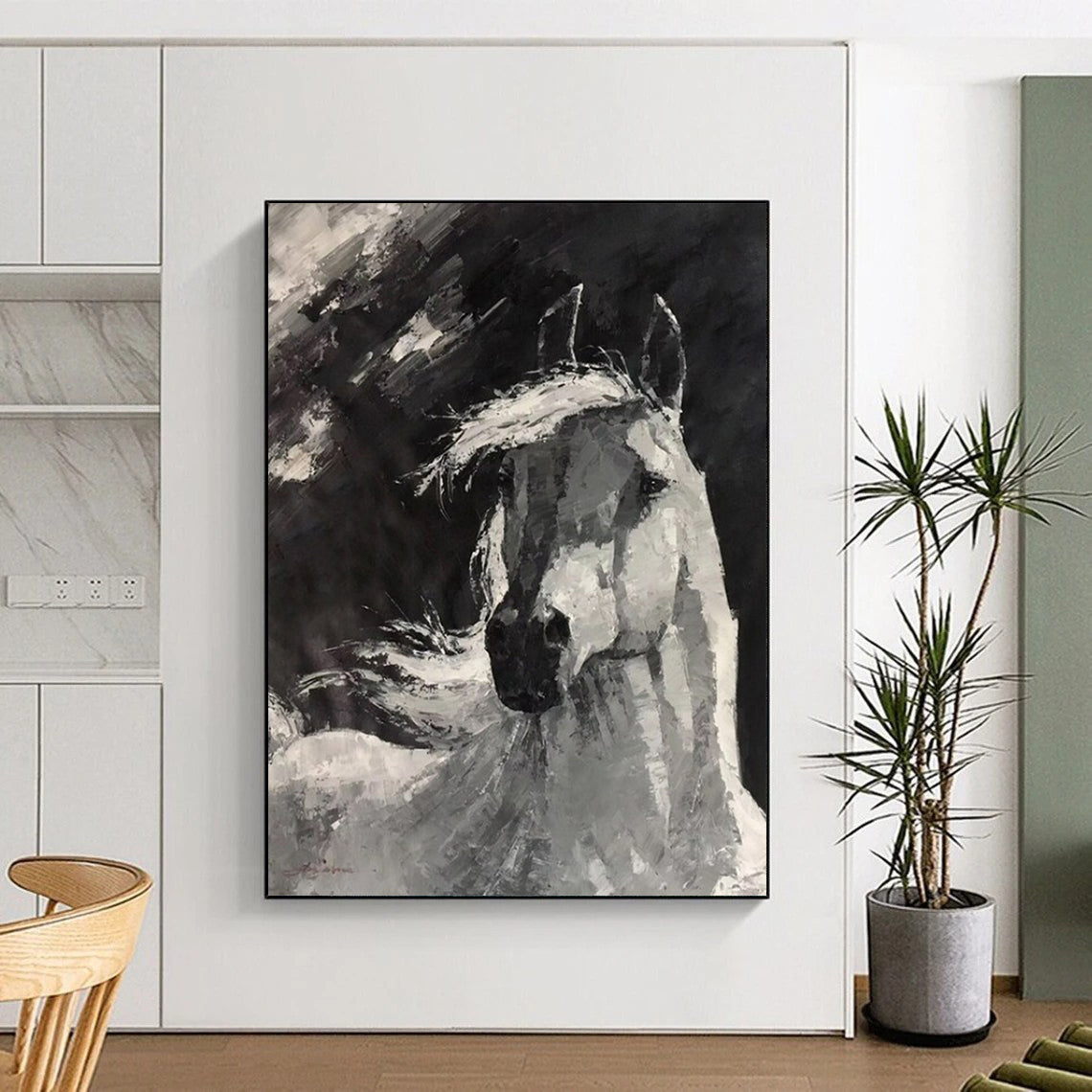 “Monochrome Gallant Steed” - Black and White Horse Head Painting On Canvas CT2183