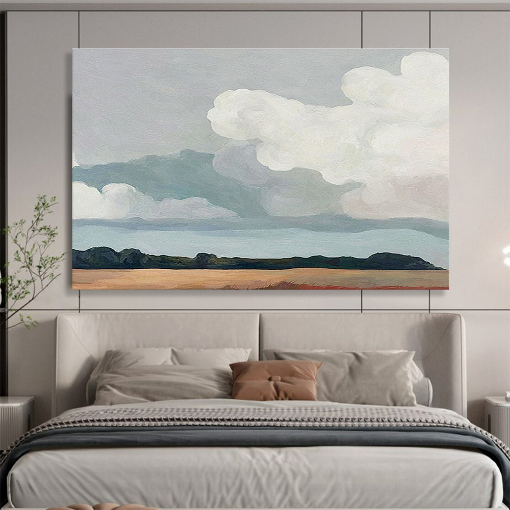 “Soft Clouds Over Earthy Field” - Minimalist Landscape Painting On Canvas DKH793