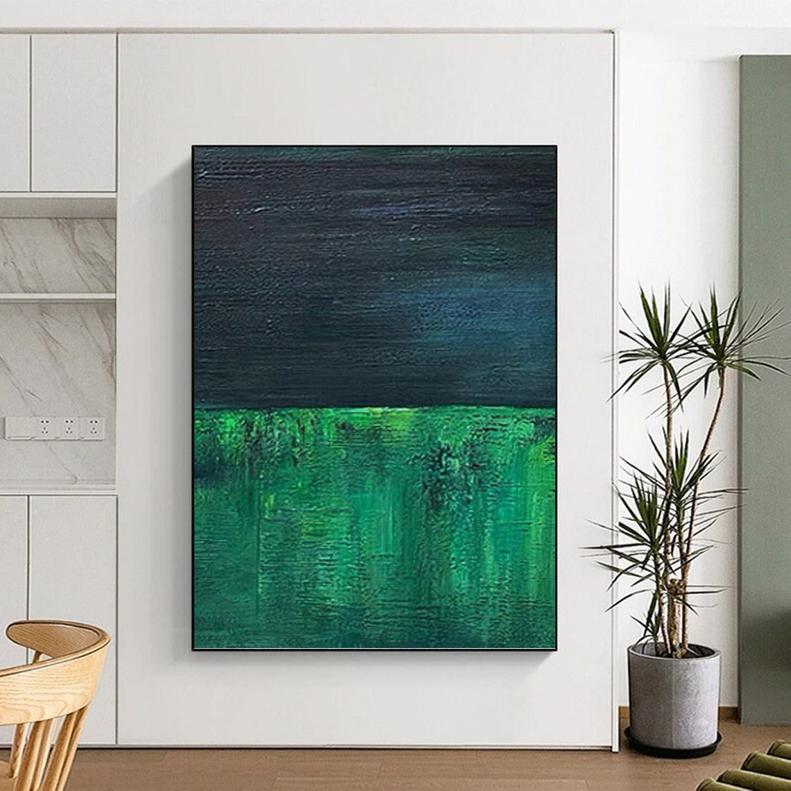 “Dark Green & Blue Layers” - Dark Green & Blue Abstract Minimalist Painting On Canvas DKH1201