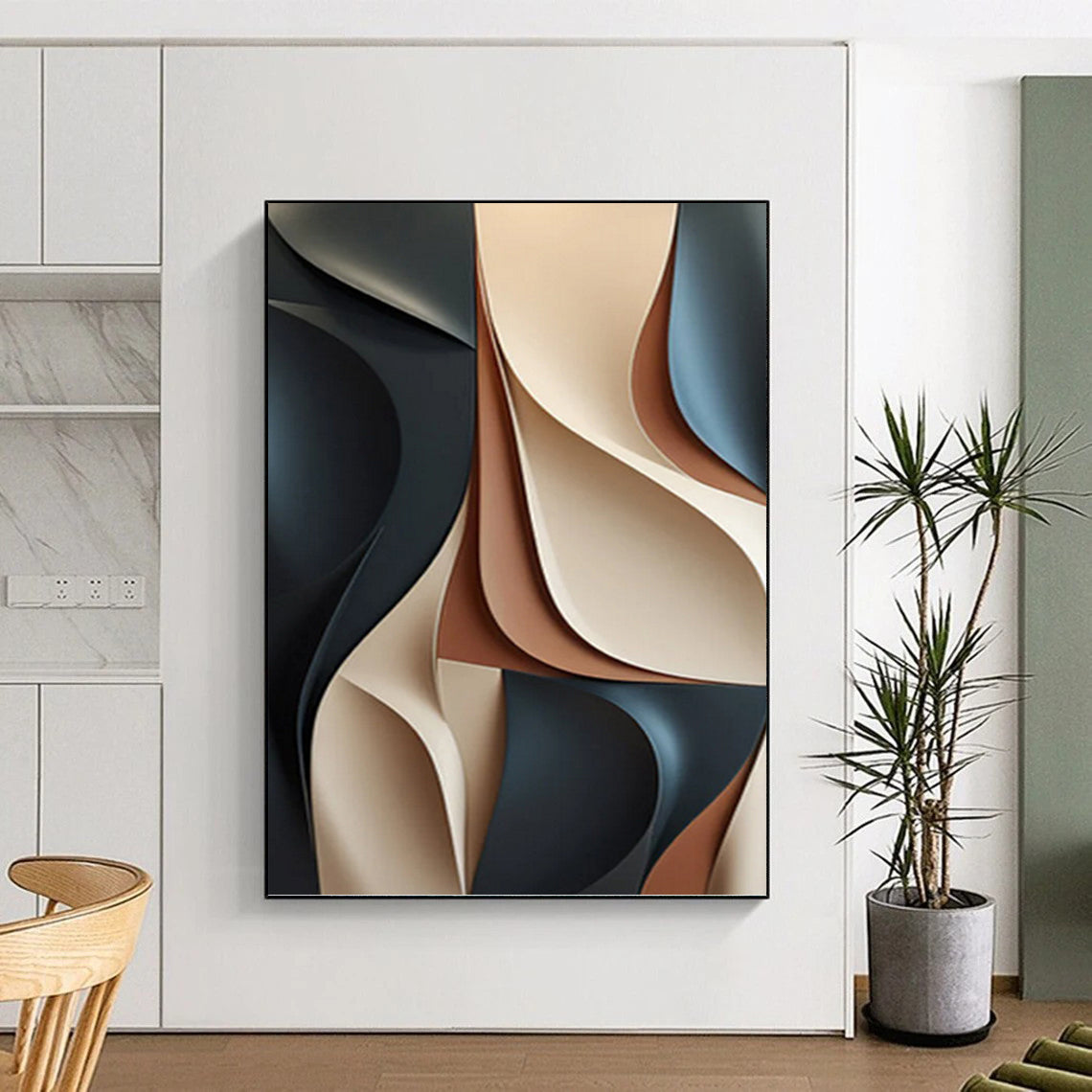 “3D - Effect Neutral Abstract” - Black, Beige, Brown & Gray Sculptural Painting On Canvas DKH1023