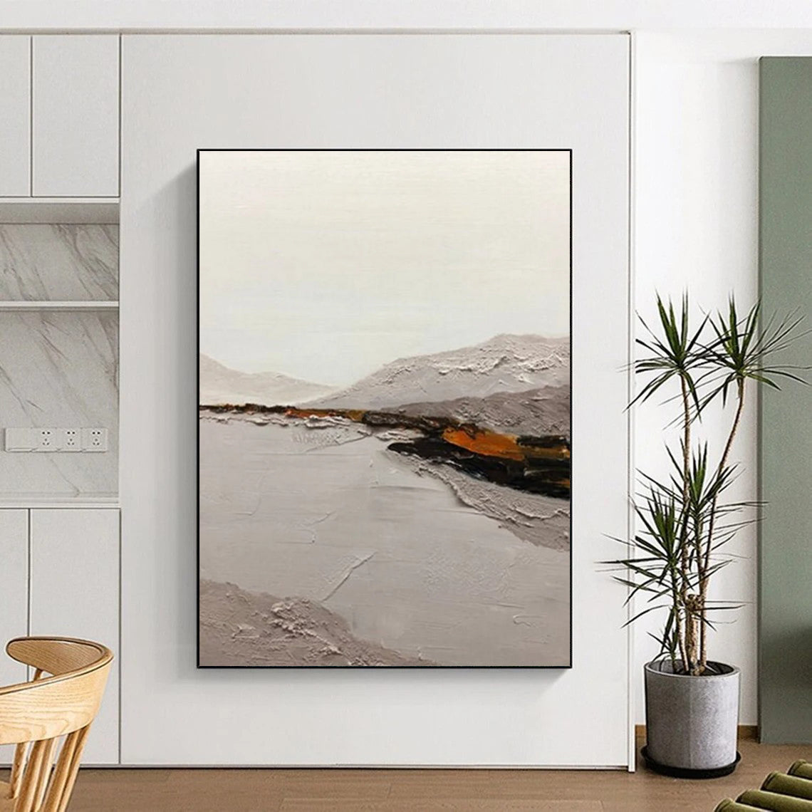 “Gray, Orange Textured Landscape ‘Misty Valley’” - Impasto Landscape Painting On Canvas DTP401