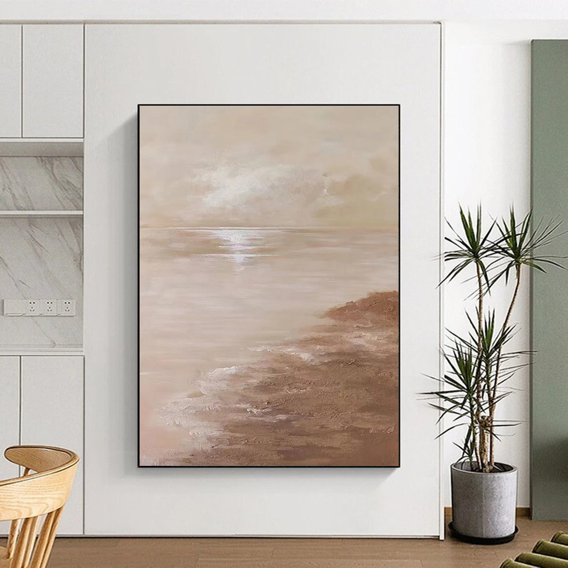 “Beige, Brown Serene Sea ‘Tranquil Horizon’” - Impasto Seaside Painting On Canvas DTP341