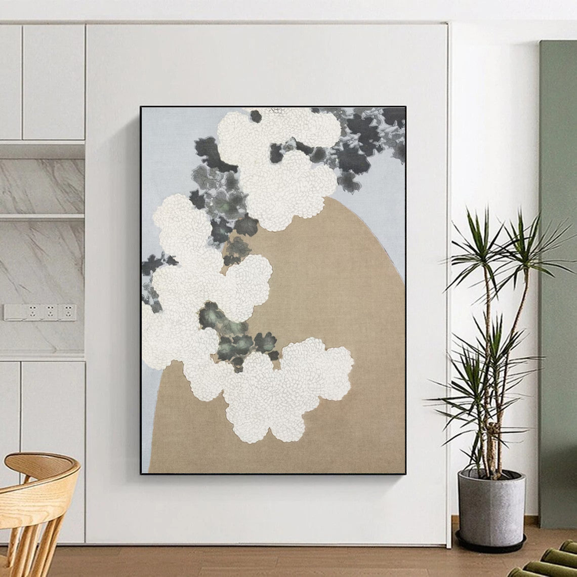 White Flowers & Gray Foliage on Beige, “Chrysanthemum Serenity” - Traditional - Inspired Acrylic Painting CT0750