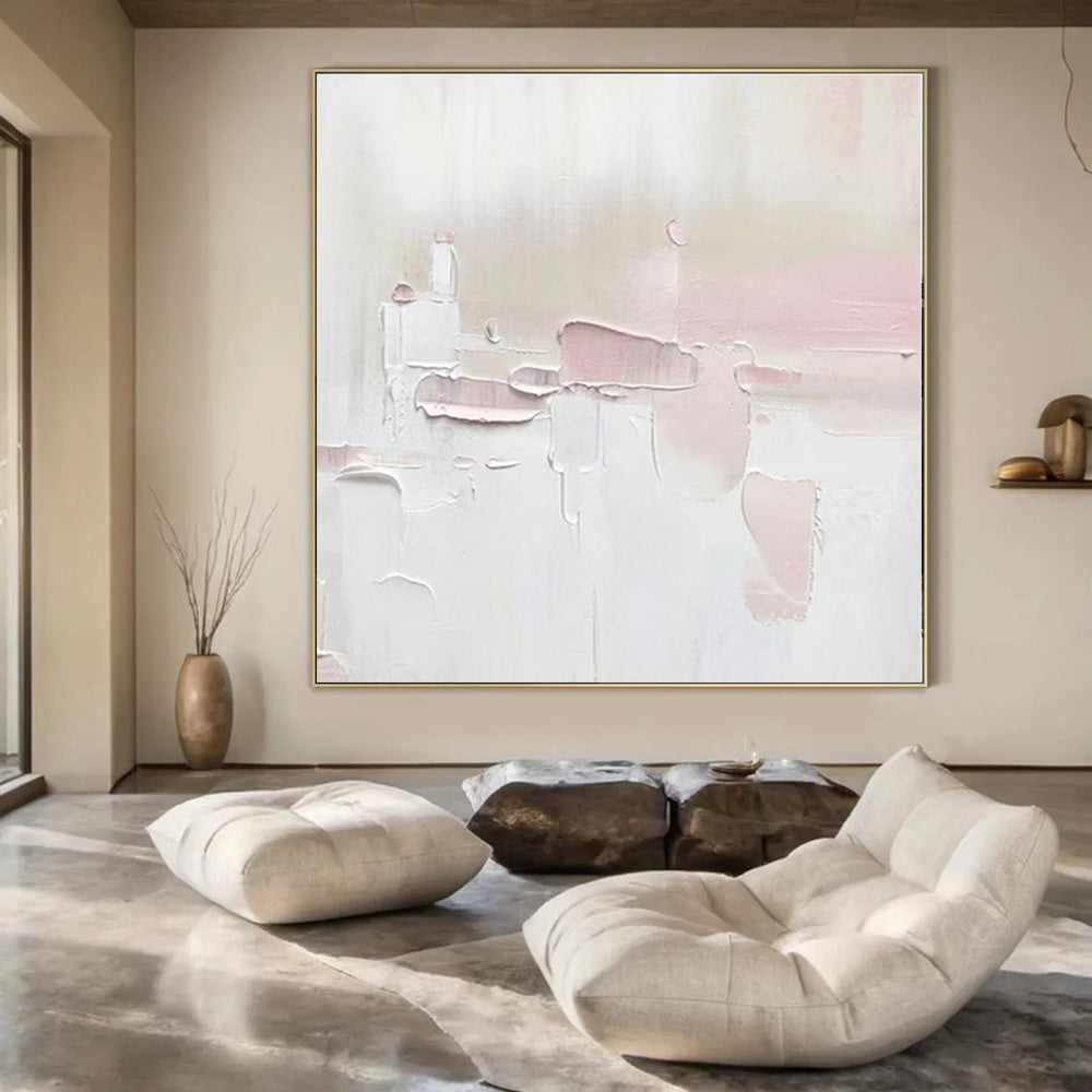 Soft Pink & White Textured Abstraction - Impasto Abstract Acrylic On Canvas CT1345