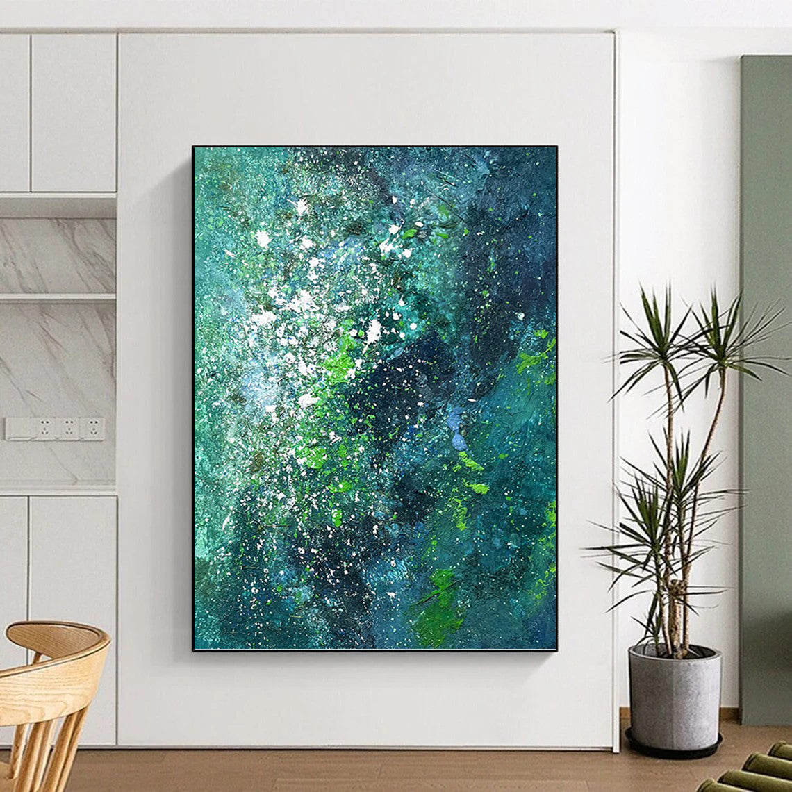 “Teal & Green Abstract Galaxy” - Teal, Green & White Cosmic - Inspired Painting On Canvas DKH1029