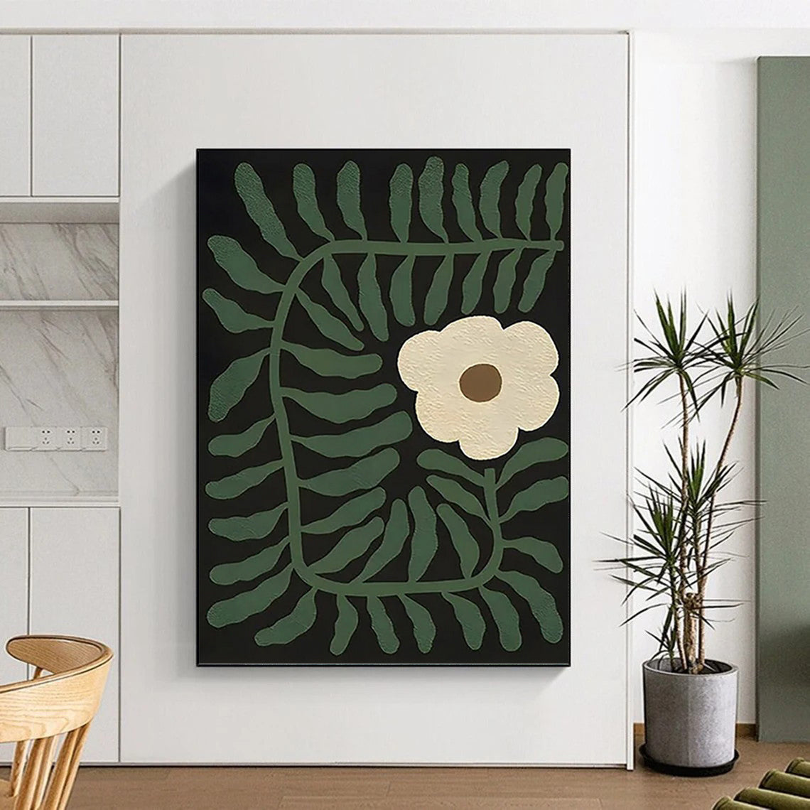 “Green - Leafed and White - Flowered Abstract” - Nature - Inspired Painting On Canvas DKH1115