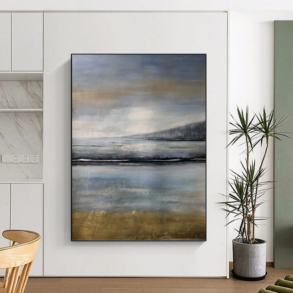 “Misty Coastal Blues” - Blue & Gray Abstract Seaside Landscape Painting On Canvas DKH1576