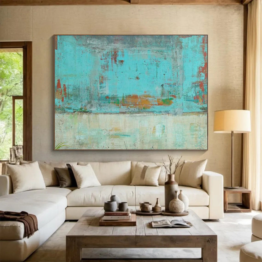 “Turquoise Urban Abstract” - Turquoise, orange, beige; faded, abstract city scene CT1583