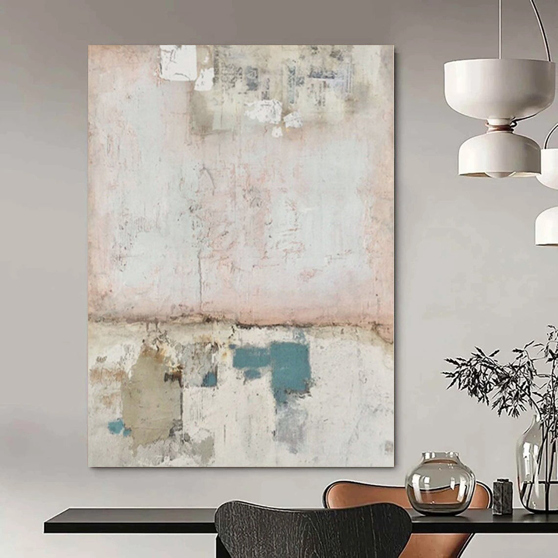 “Soft Pink Collage” - Abstract Painting with Pink, Blue, Gray, White CT0109