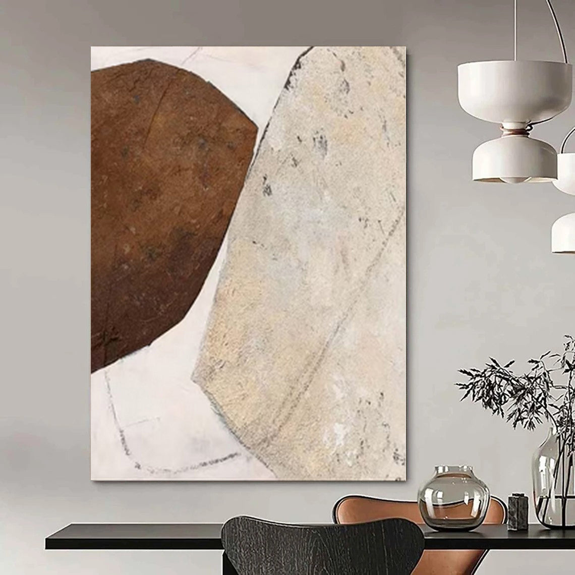 “Brown and Beige Textured Shapes” Mixed - Media Art CT0171