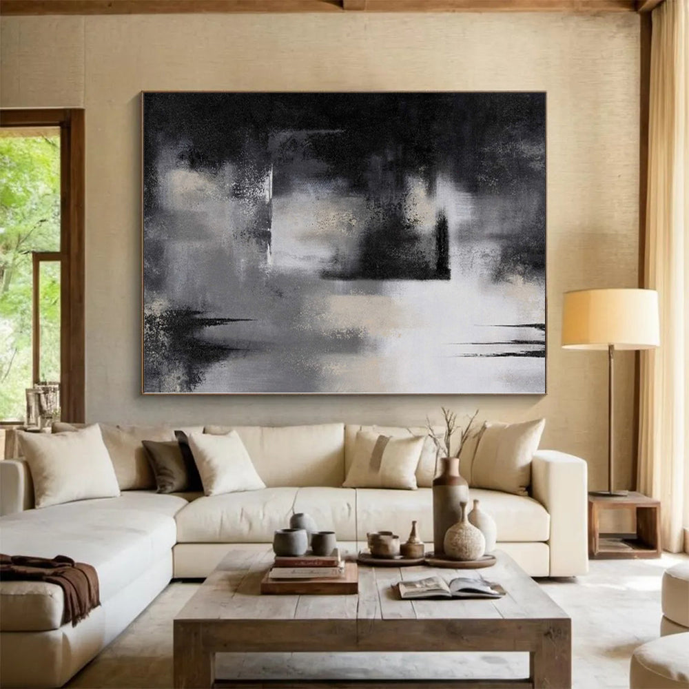 “Monochrome Mystery” - Abstract Painting with Black, White, Gray CT0076