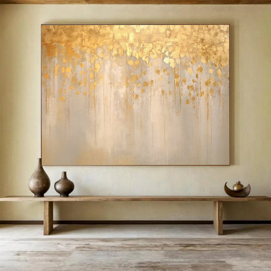 “Golden Drizzle” - Shades of gold, beige, and light gray; golden paint drips and spots on a muted background CT1535