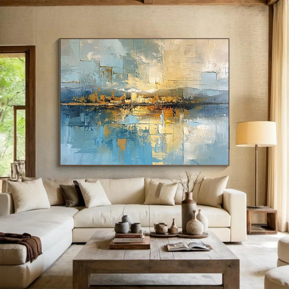 “Urban Reflection” - An urban abstract in blue, gold, and brown CT1640