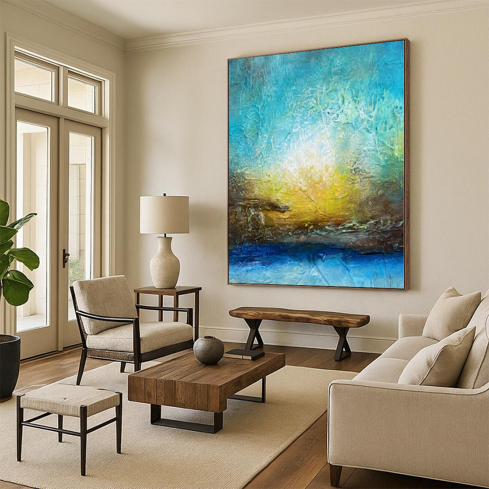 “Sunrise Textures” - Abstract Painting with Blue, Teal, Yellow, Brown CT0046