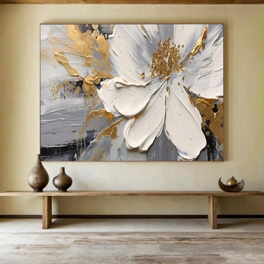 “Gilded Floral Elegance” – Whites, grays, golds in thick, textured flower petals CT1703