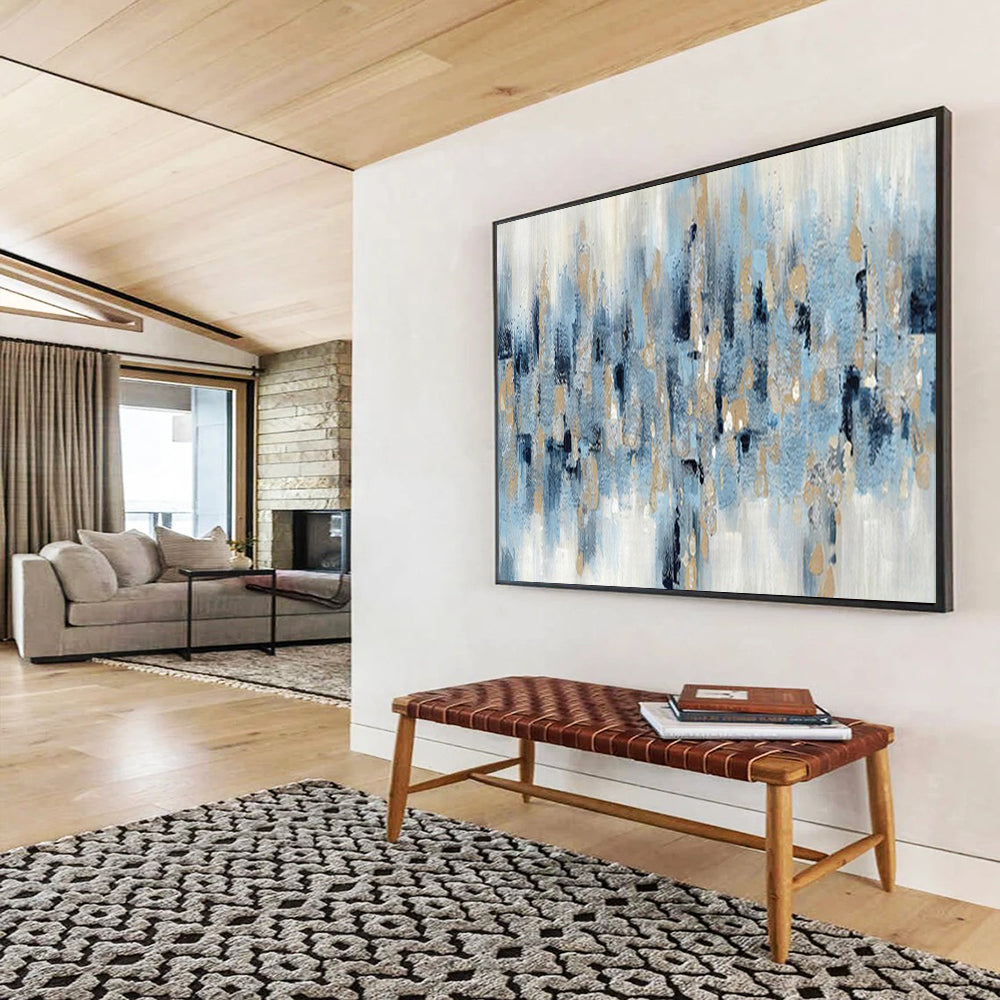 “Blue - Gold Rhythm” - Blues, whites, metallic gold; scattered, rhythmic abstract shapes CT1519