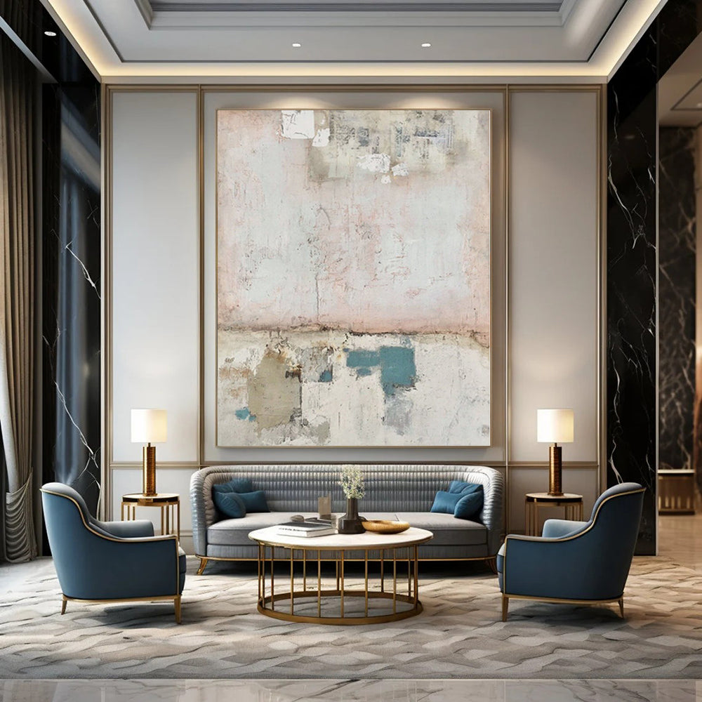 “Soft Pink Collage” - Abstract Painting with Pink, Blue, Gray, White CT0109