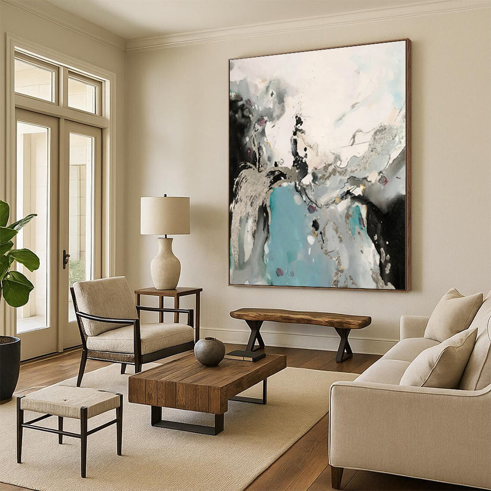 “Black, White, and Blue with Metallic Accents”,Ethereal Abstract Painting CT0365