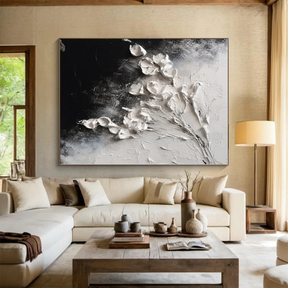 “3D White Flowers on Black”,Abstract Impasto Oil Painting CT0580