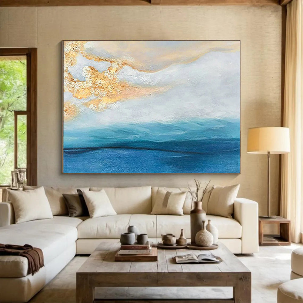 “Coastal Gleam” - Blues, whites, gold; fluid, seascape - inspired abstract forms CT1521