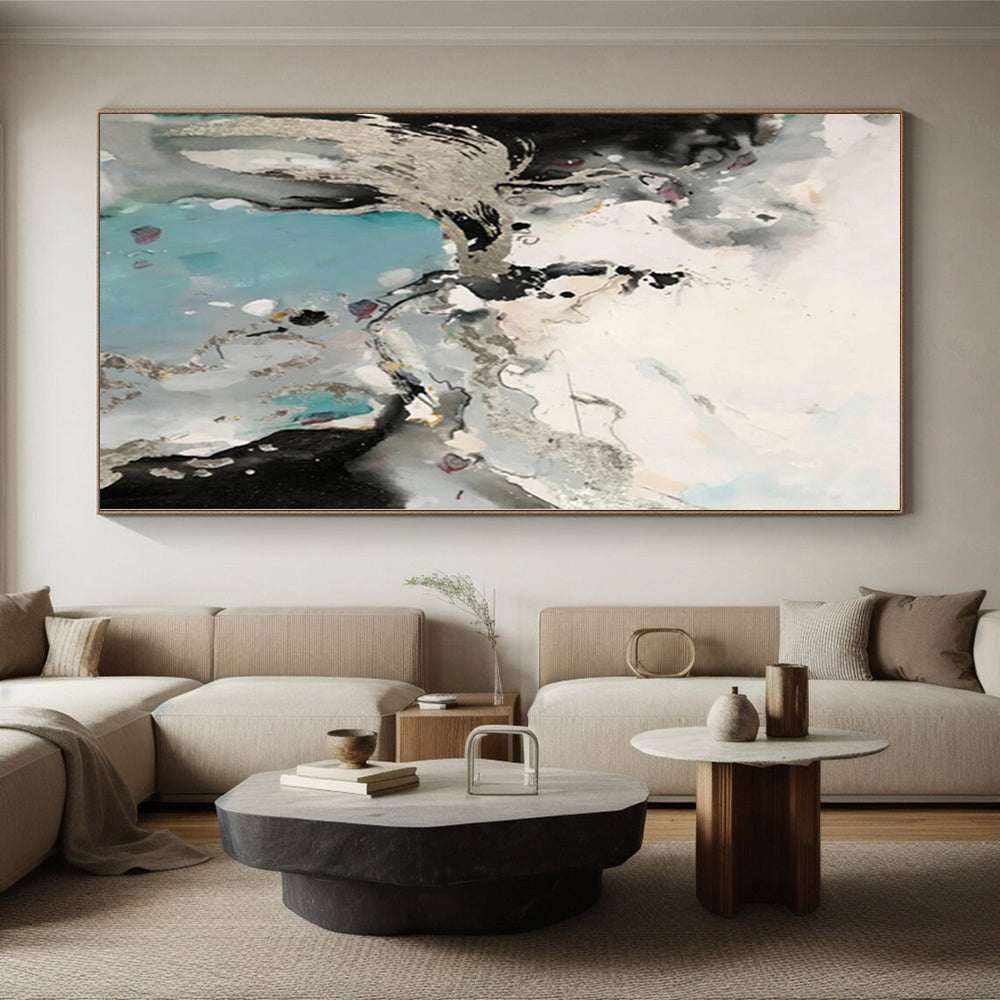 “Black, White, and Blue with Metallic Accents”,Ethereal Abstract Painting CT0365