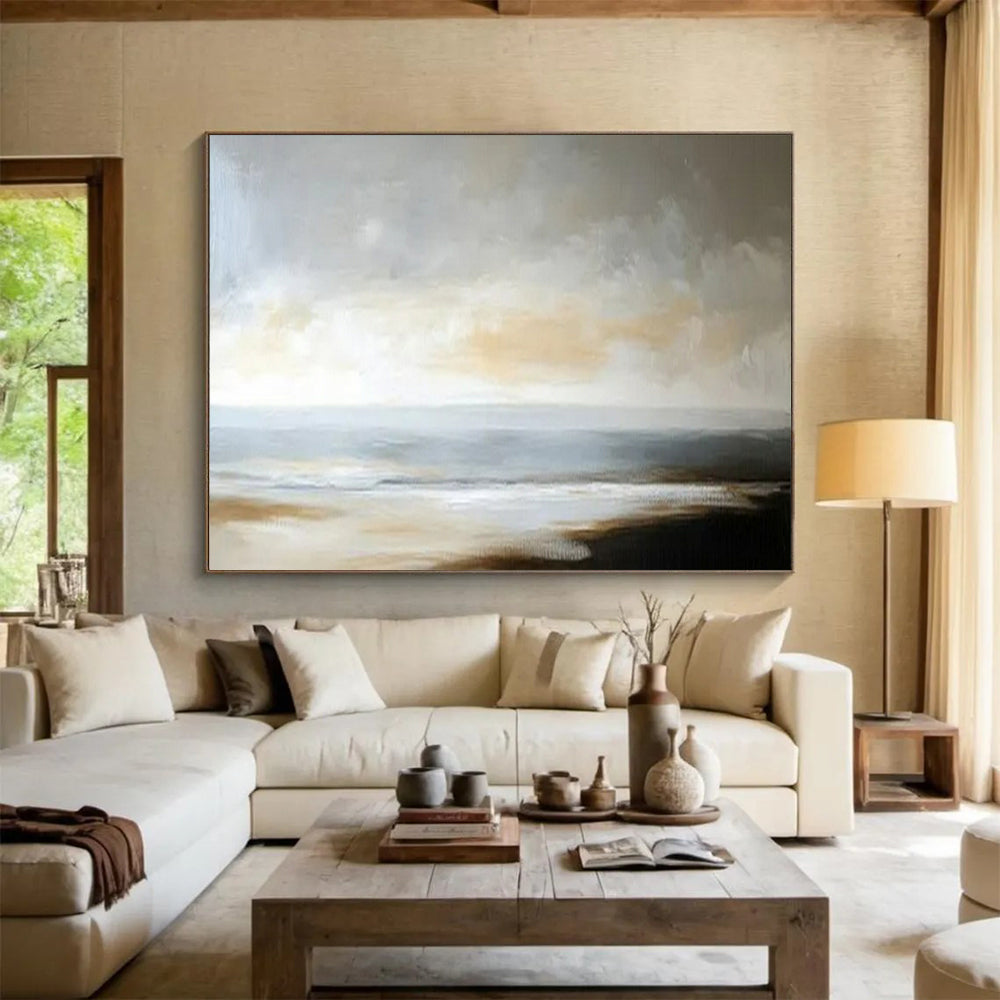 “Muted Coastal Calm” – Grays, beiges, soft blues painting a serene, minimalist seascape CT1701
