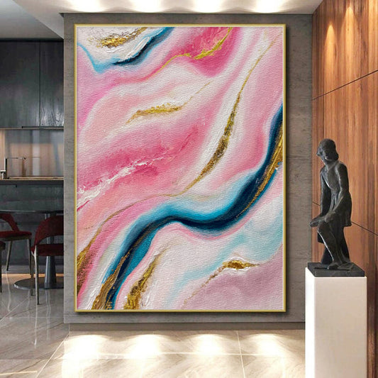 “Pink Marble Gold Veins” - Abstract Painting with Pink, Blue, White, Gold Swirls CT0029