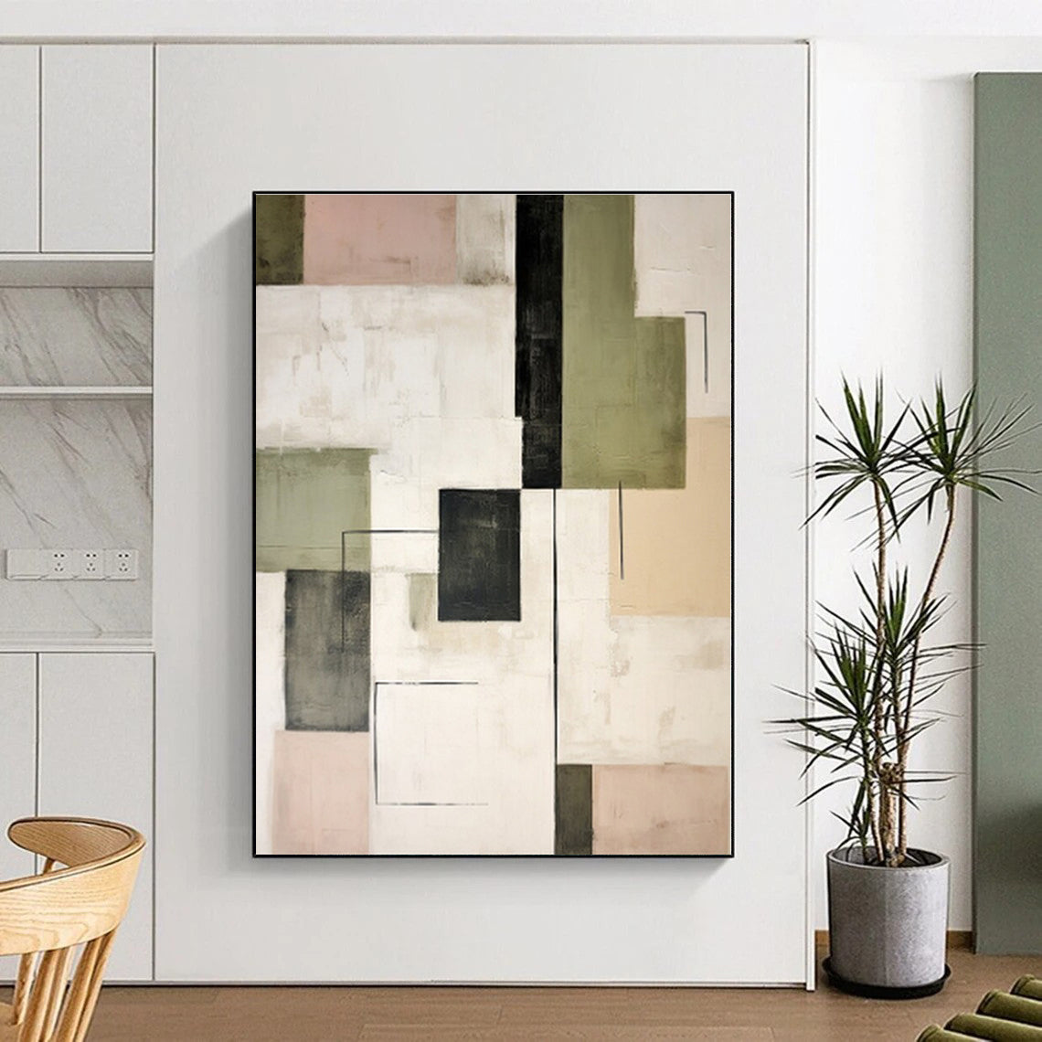 “Geometric Mix of Green, Black & Pastels” - Abstract Modernist Painting CT0397