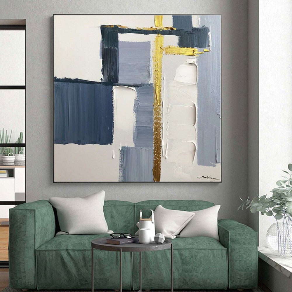 “Grey - Blue Geometry with Gold Accents”,Abstract Geometric Oil Painting CT0514