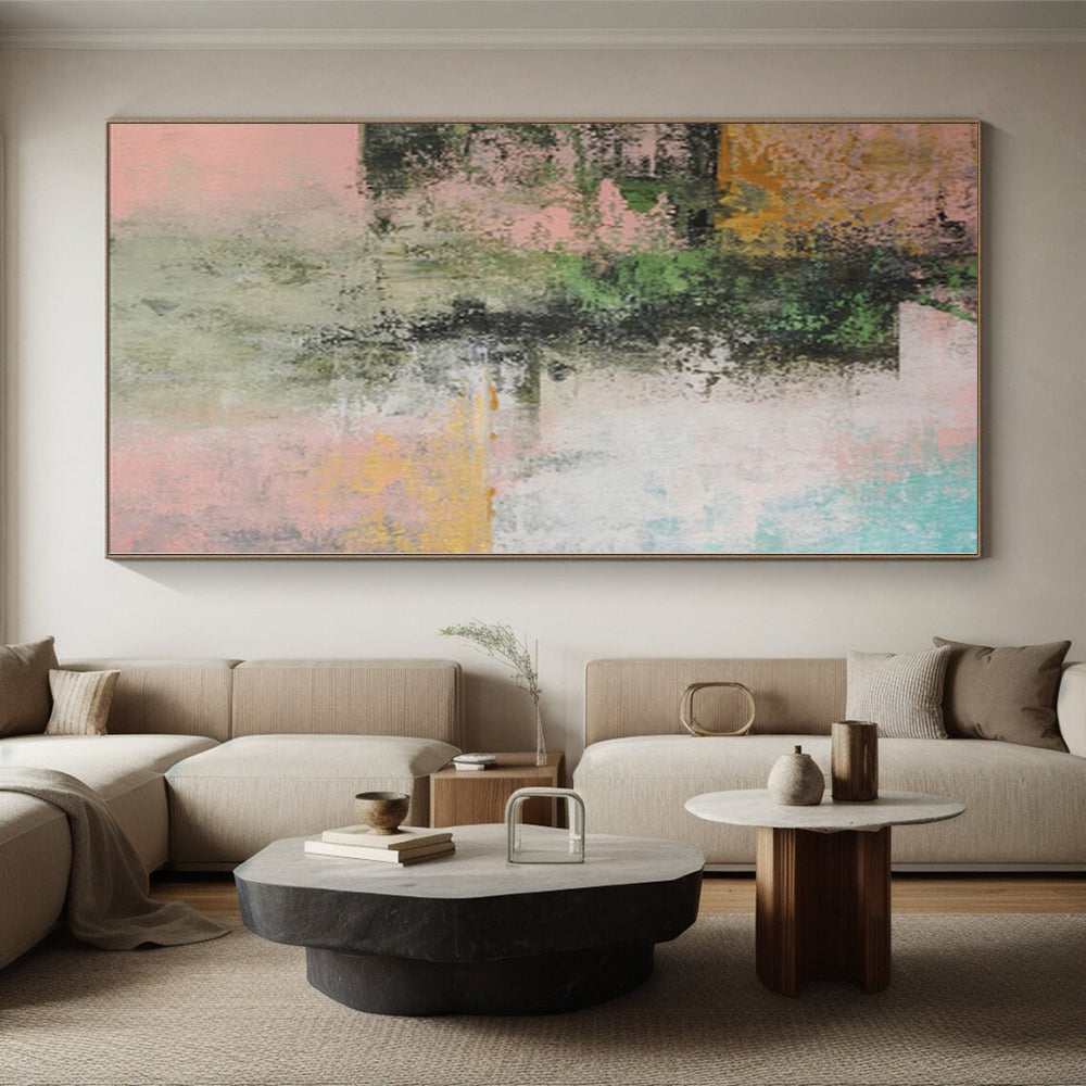 “Blush & Green Fusion” - Abstract Acrylic with Pink, Green, Yellow, Blue CT0044