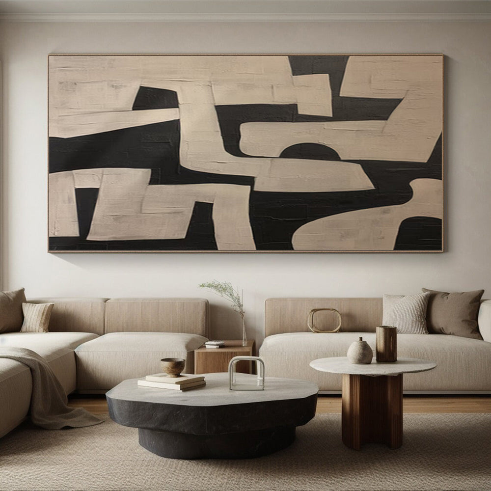 “Geometric Contrast” - Abstract Painting with Black, White Shapes CT0100