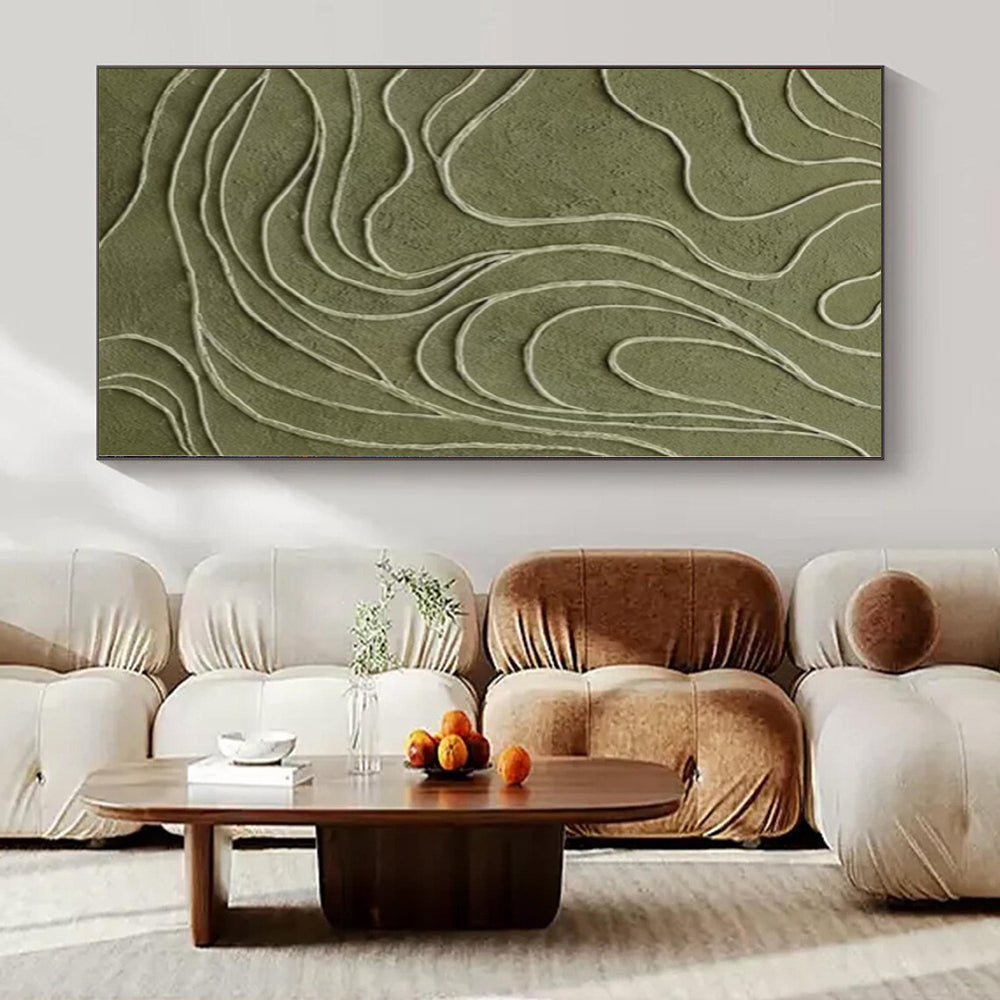 “Olive Green with White Wavy Lines” Textured Relief Art CT0144