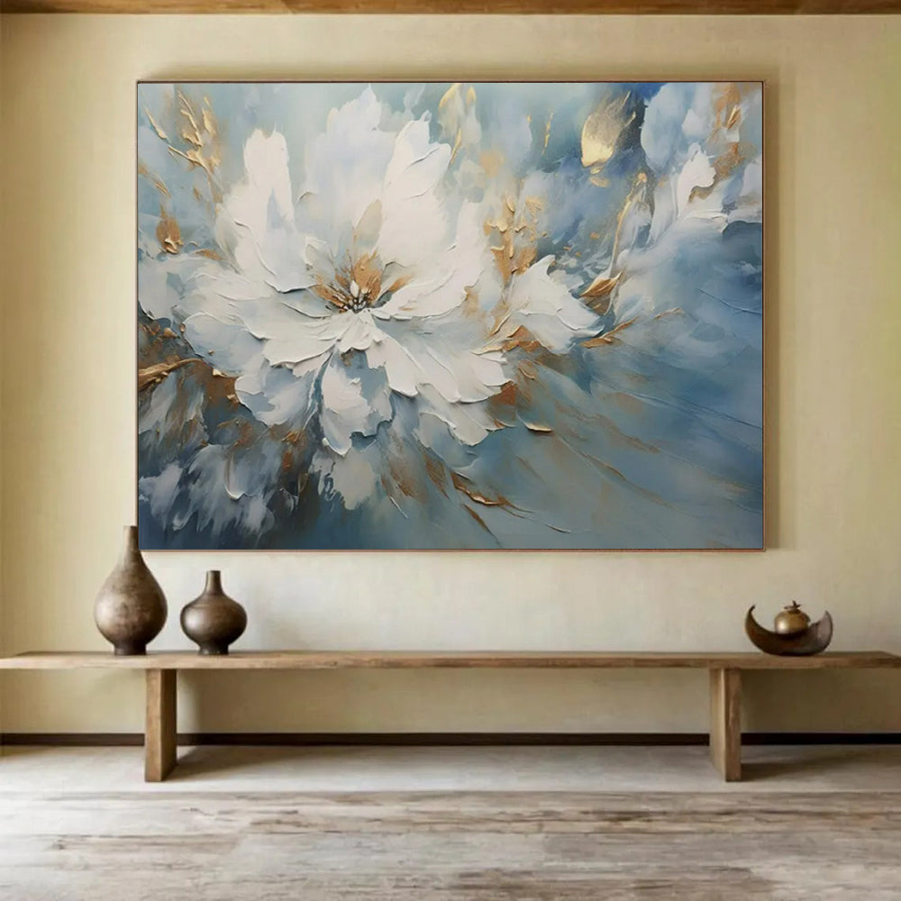 “White Flower with Gold Accents” – Impasto Floral Oil Painting CT1756