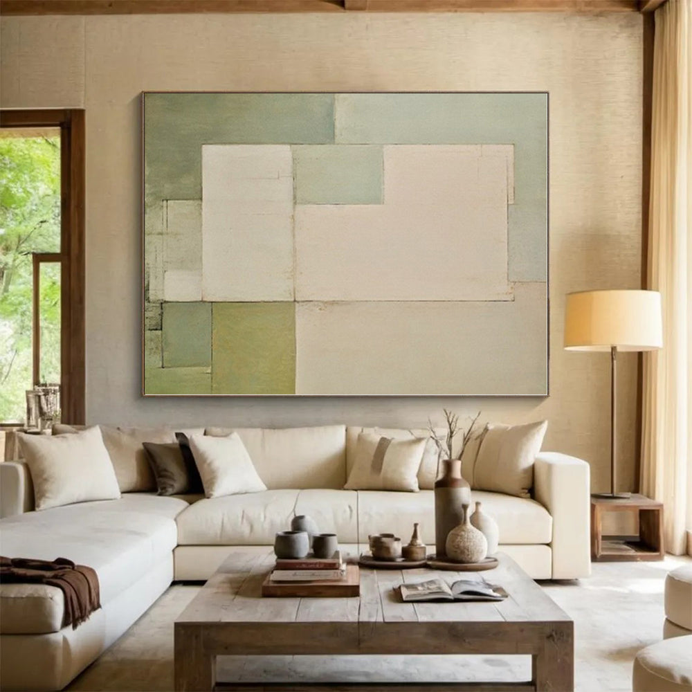“Pale Green - Beige Geometric Simplicity” - Abstract Minimal Art CT0399