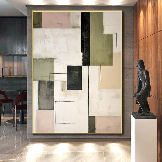 “Geometric Mix of Green, Black & Pastels” - Abstract Modernist Painting CT0397