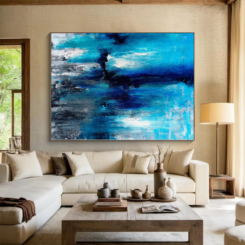 “Blue Cascade Abstraction” - Abstract Acrylic with Shades of Blue, Black, White CT0024