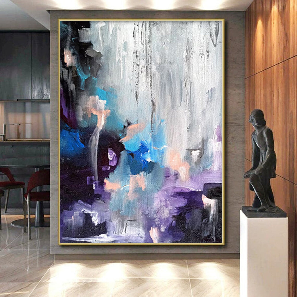 “Colorful Cascade” - Abstract Painting with Blue, Purple, Orange, Gray CT0069