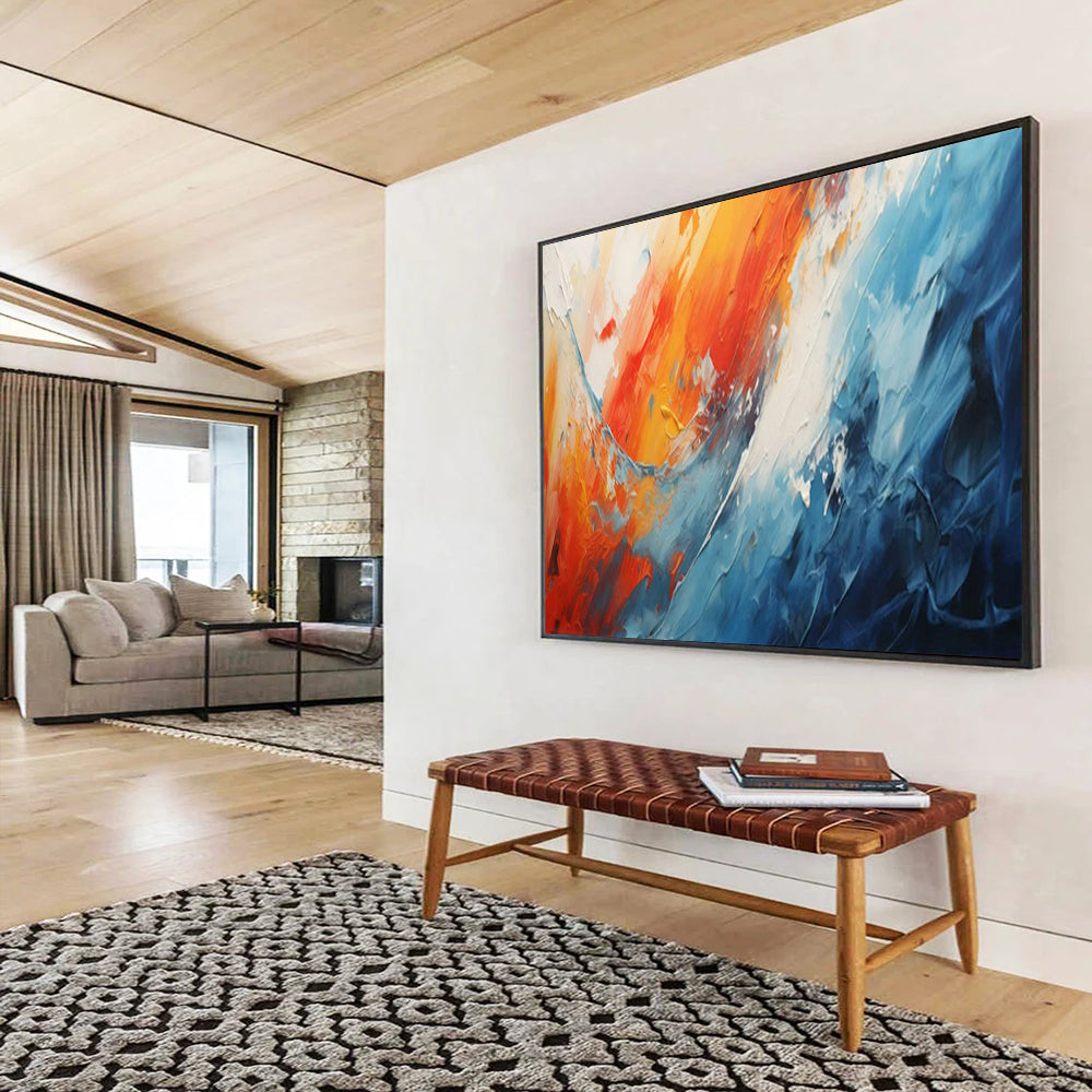 “Fiery Ocean Clash” – Oranges, reds, blues in bold, thick acrylic waves CT1704