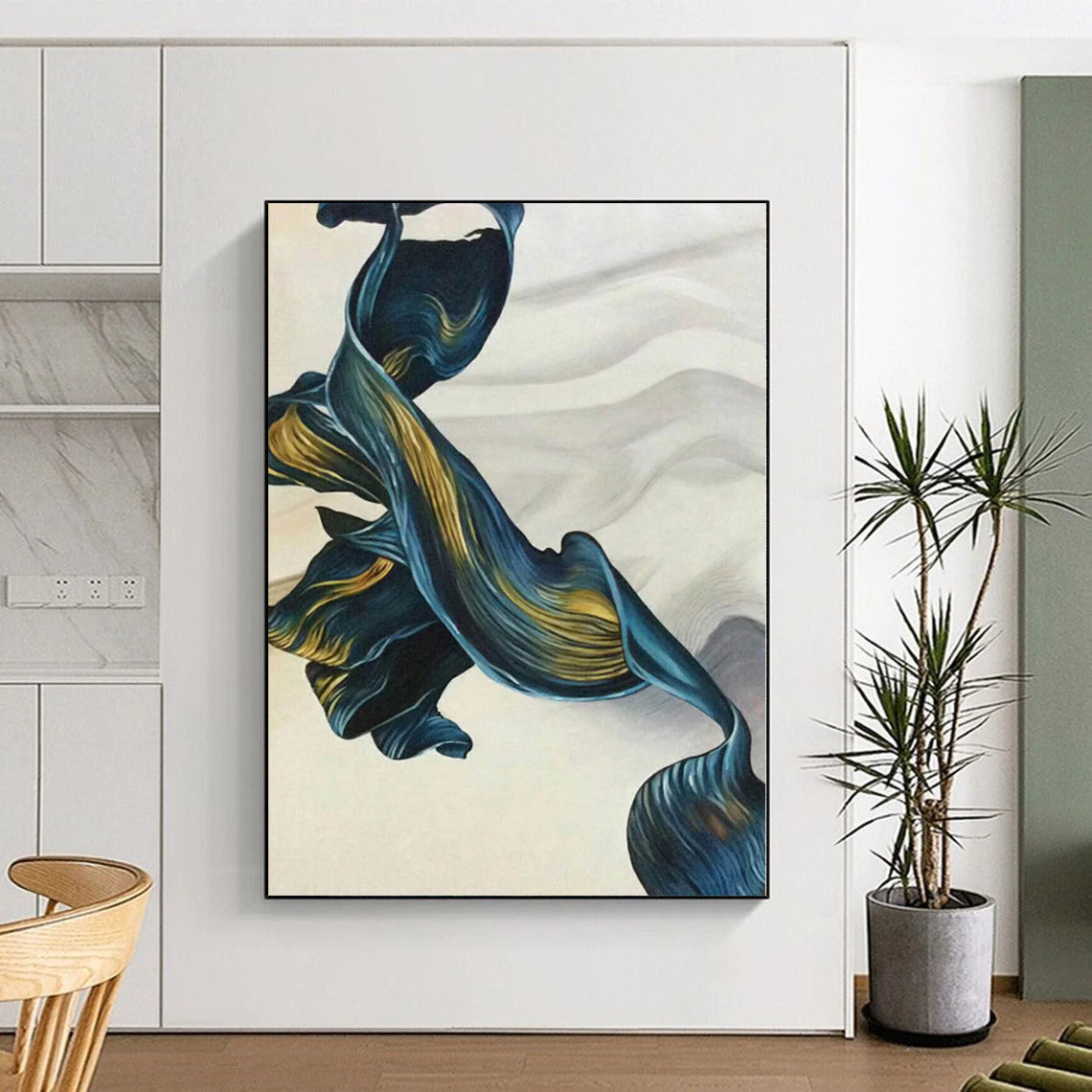 “Flowing Blue - Gold Ribbons” Abstract Acrylic Art CT0301