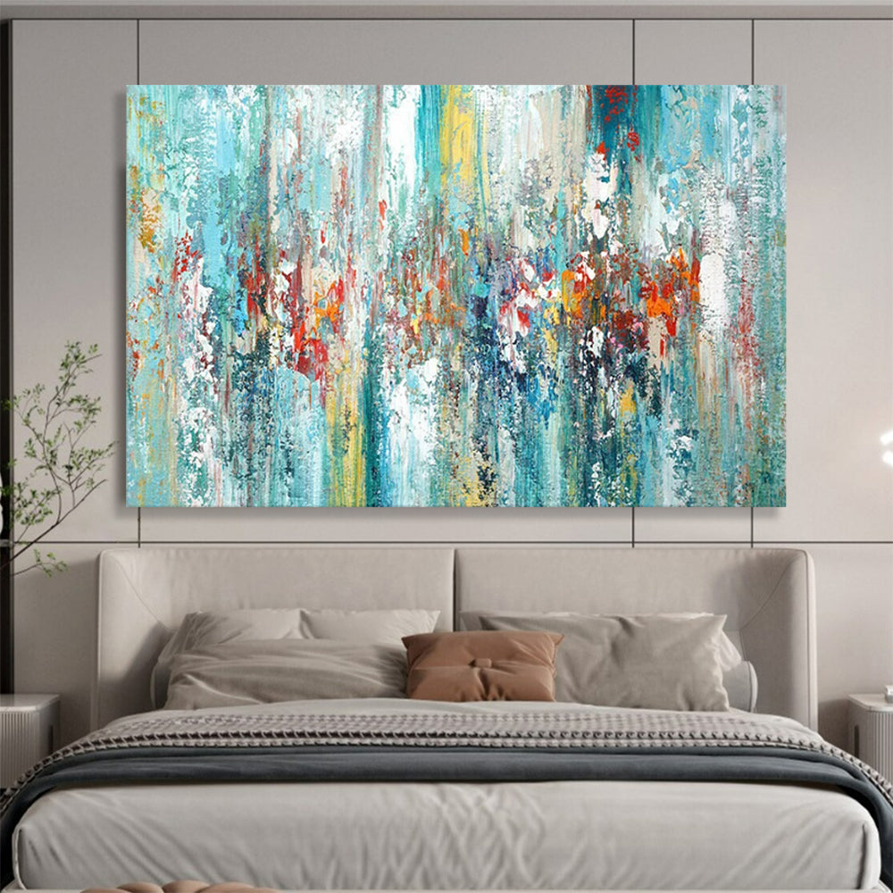 “Turquoise Abstract Symphony” - Turquoise, blues, reds, yellows; vertical, textured color streaks CT1599