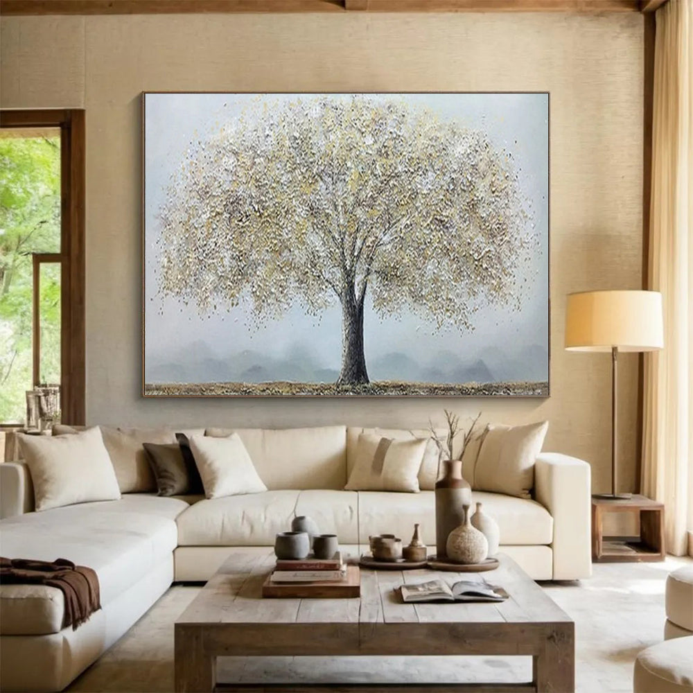 “Silver Tree” - Tones of silver - white, light gray, and brown; a fluffy crown like silver blossoms, a single tree against a hazy background CT1526