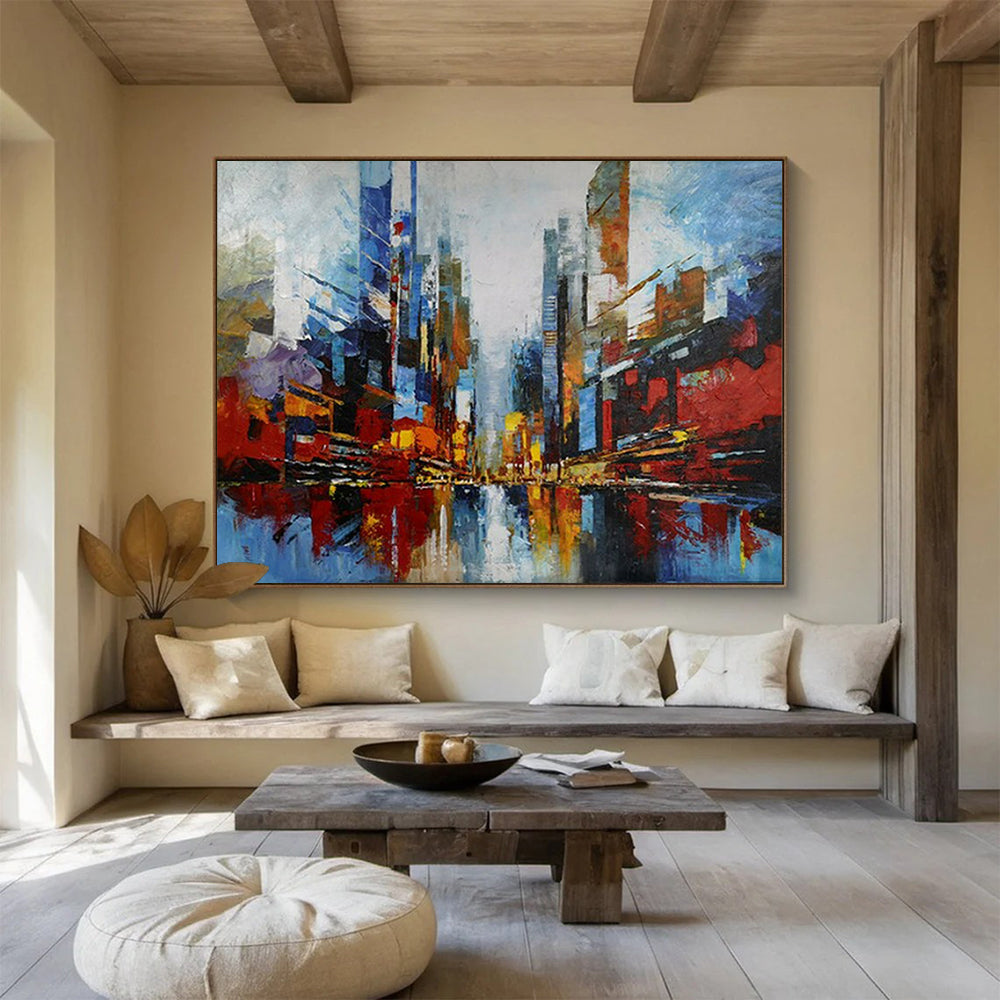 Colorful abstract cityscape with tall buildings and reflections CT1673