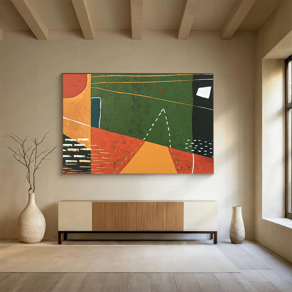 “Geometric Play in Green, Orange, and Black” - Modernist Acrylic Composition CT1808