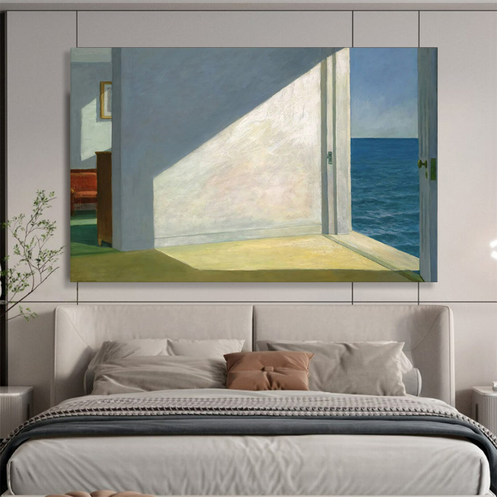 “Interior with Ocean View” - Whites, blues, greens; minimalist room with open door to the sea CT1608