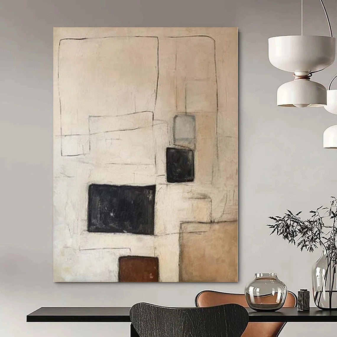 “Beige - Black - Brown Geometric Line” Acrylic Painting CT0159